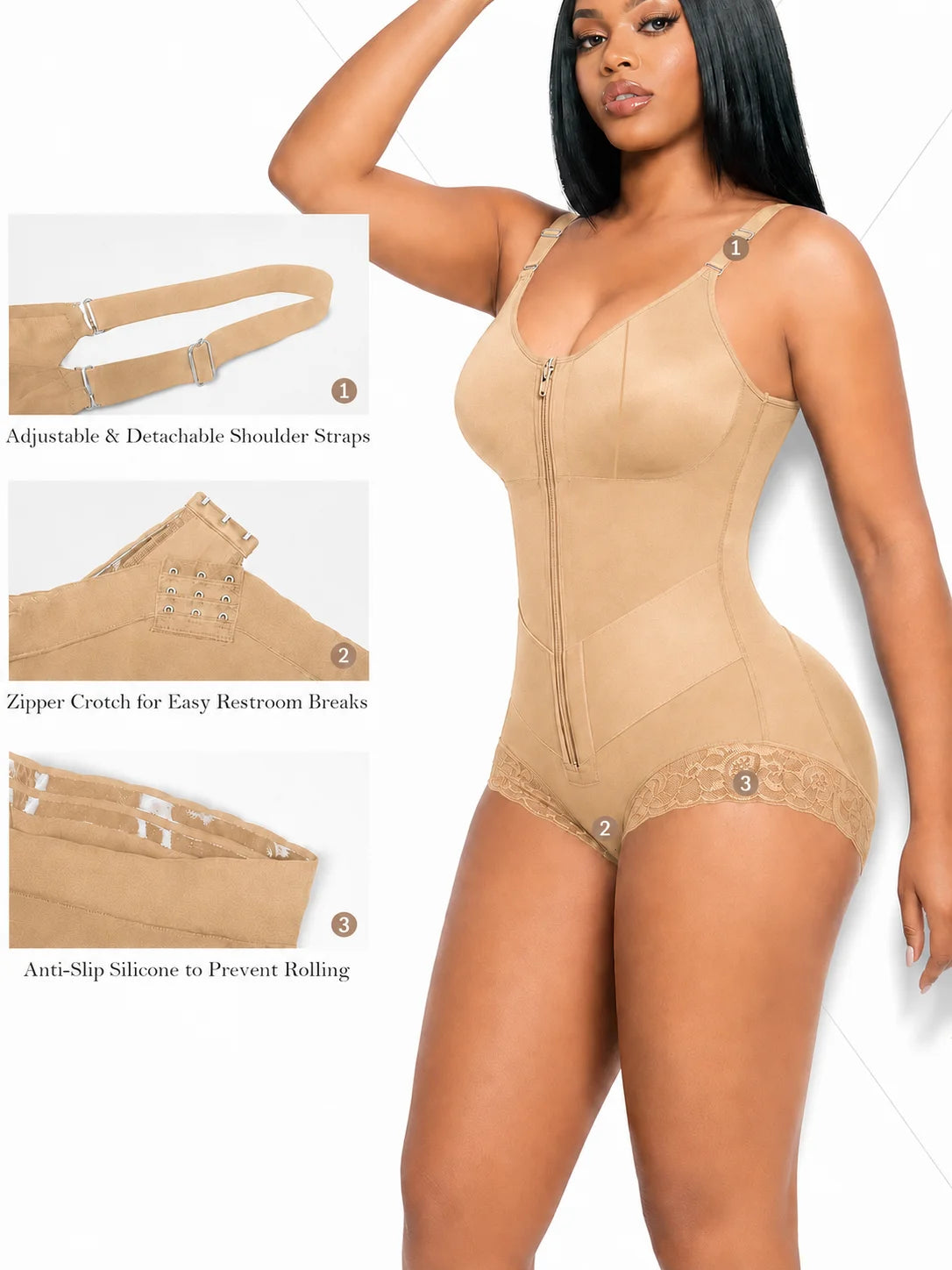 Colombian Moldeadoras Shaper Slimming Compression Garment Shapewear Bodysuit With A Front Zipper, V-Belt And Tummy Control
