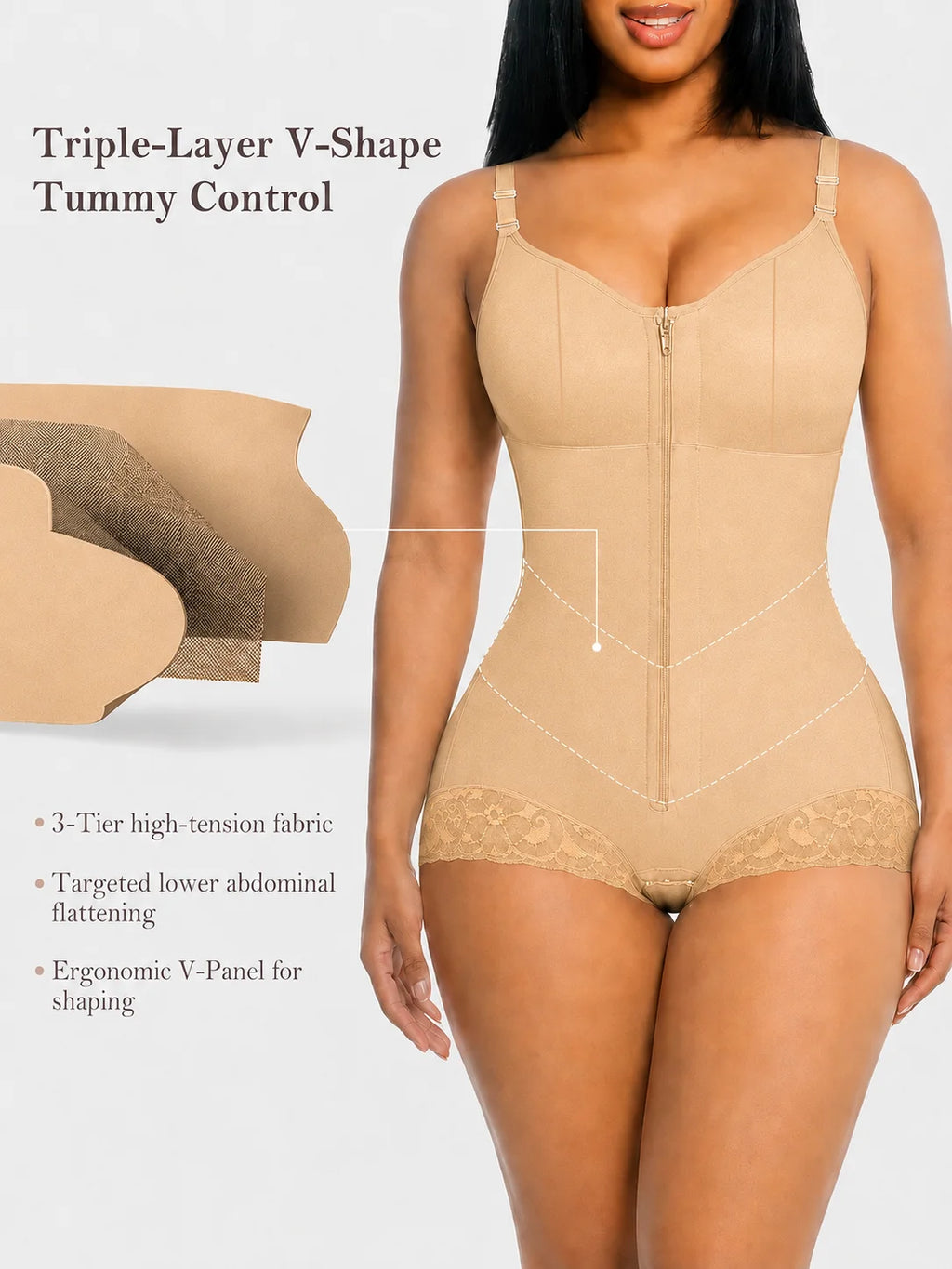 Colombian Moldeadoras Shaper Slimming Compression Garment Shapewear Bodysuit With A Front Zipper, V-Belt And Tummy Control