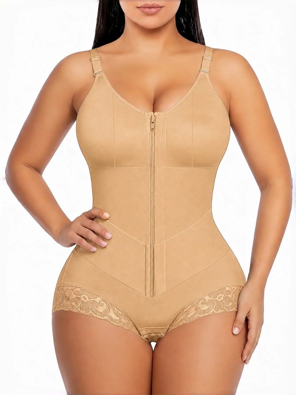 Colombian Moldeadoras Shaper Slimming Compression Garment Shapewear Bodysuit With A Front Zipper, V-Belt And Tummy Control