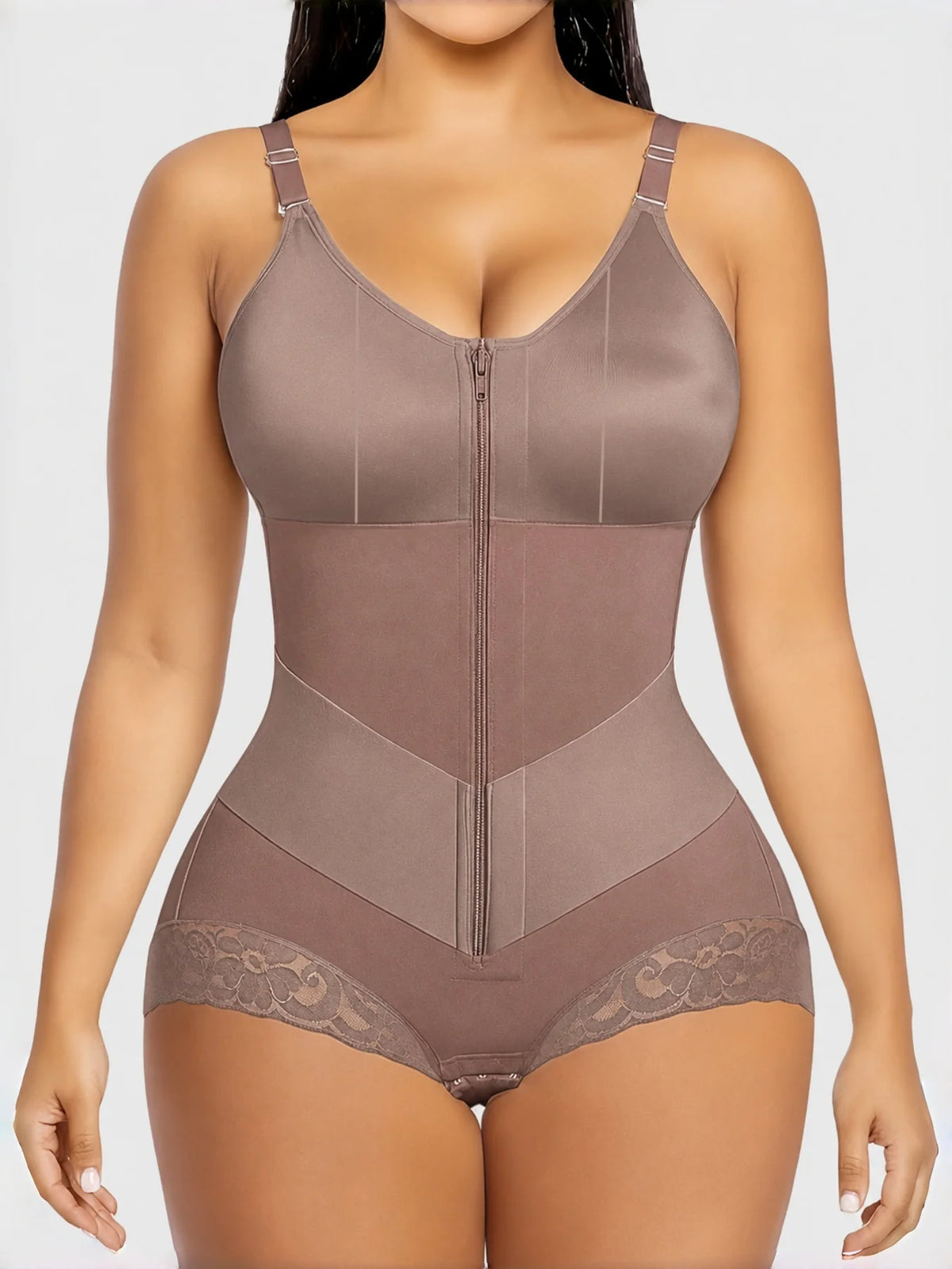 Colombian Moldeadoras Shaper Slimming Compression Garment Shapewear Bodysuit With A Front Zipper, V-Belt And Tummy Control