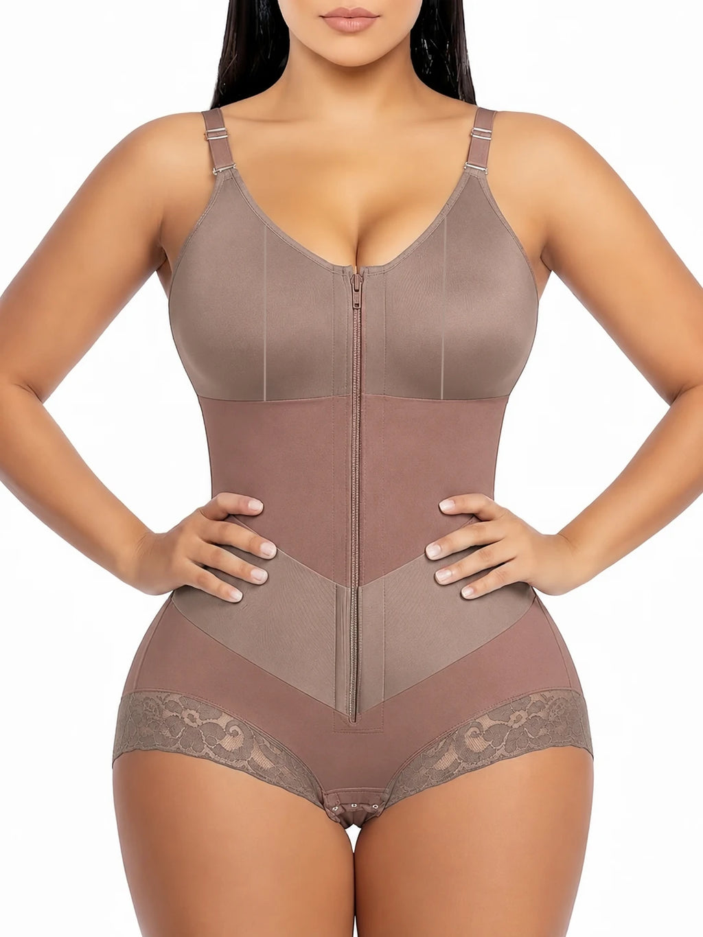 Colombian Moldeadoras Shaper Slimming Compression Garment Shapewear Bodysuit With A Front Zipper, V-Belt And Tummy Control