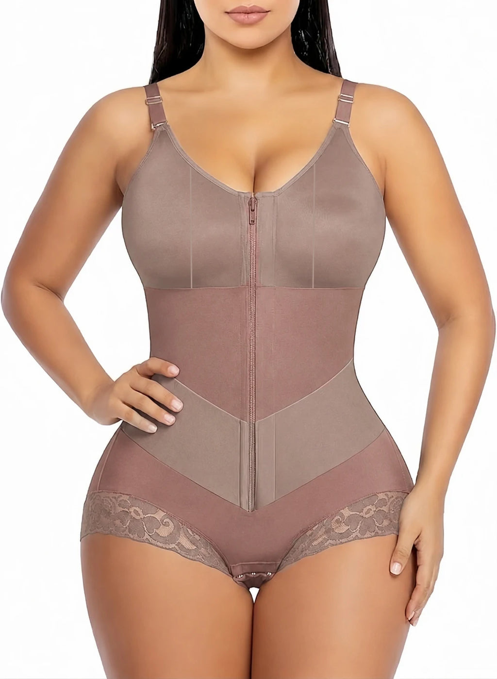 Colombian Moldeadoras Shaper Slimming Compression Garment Shapewear Bodysuit With A Front Zipper, V-Belt And Tummy Control