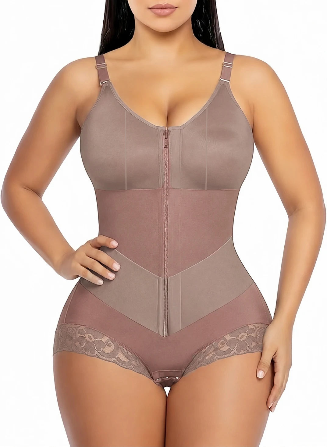 Colombian Moldeadoras Shaper Slimming Compression Garment Shapewear Bodysuit With A Front Zipper, V-Belt And Tummy Control