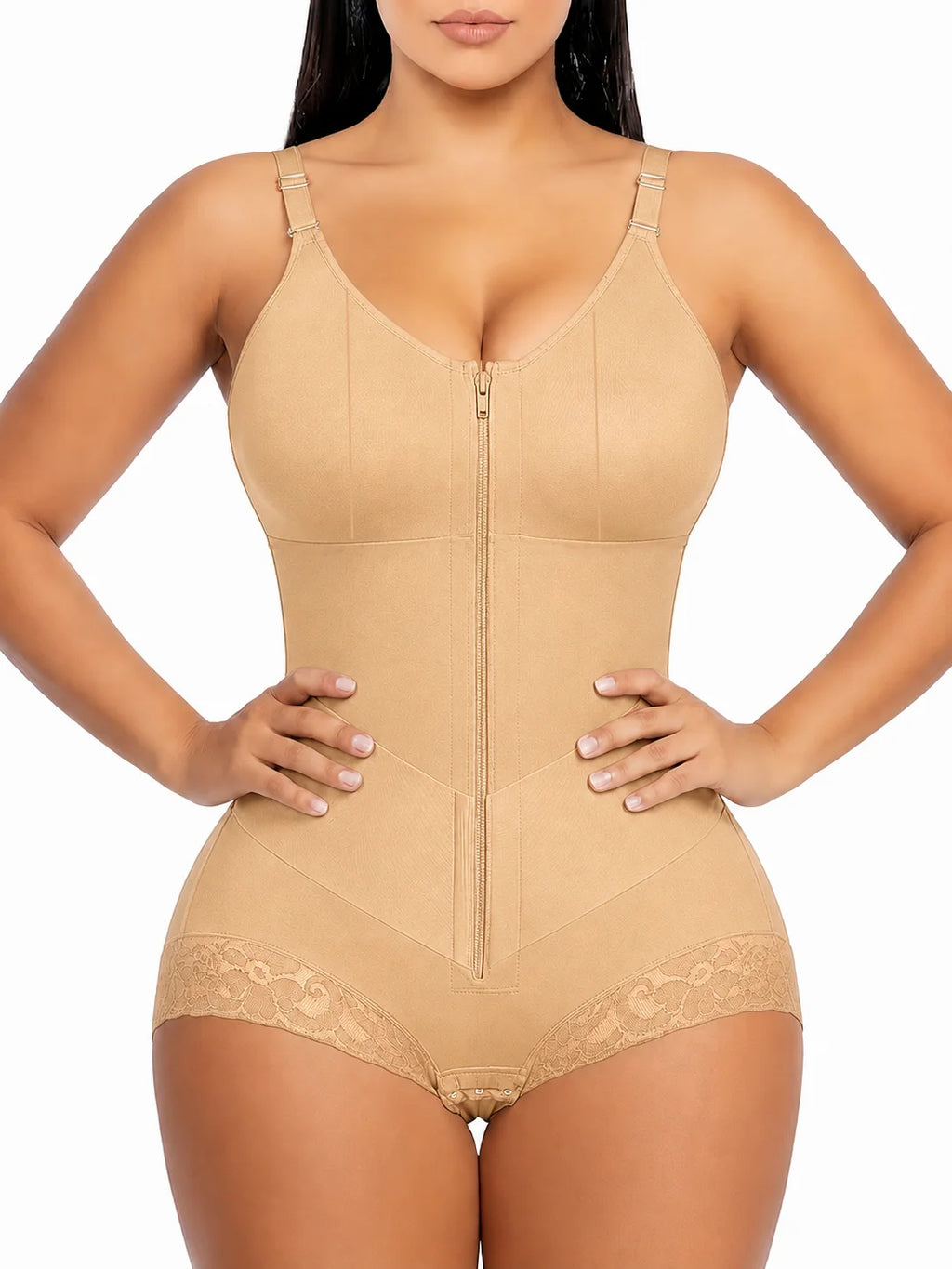 Colombian Moldeadoras Shaper Slimming Compression Garment Shapewear Bodysuit With A Front Zipper, V-Belt And Tummy Control
