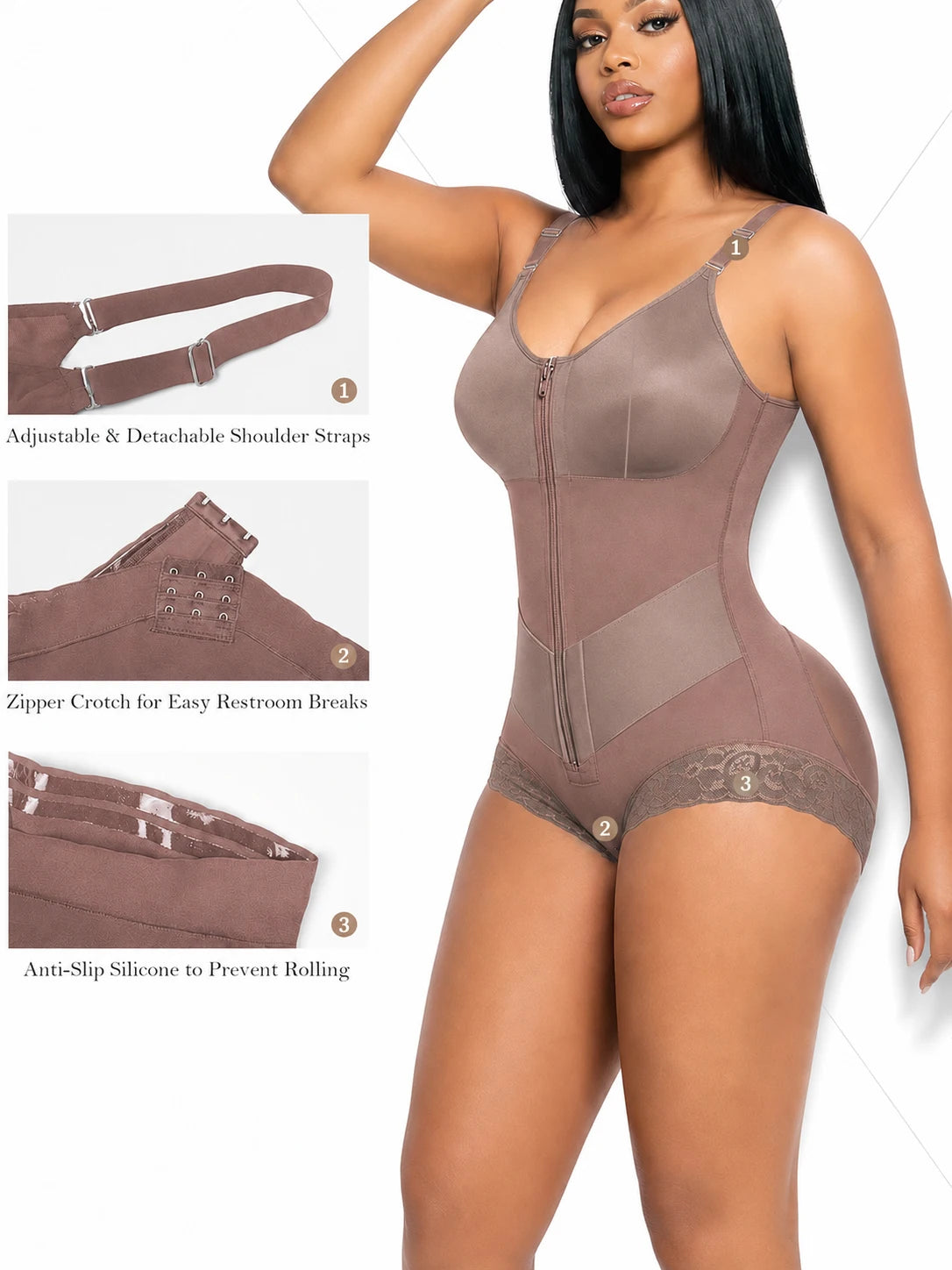 Colombian Moldeadoras Shaper Slimming Compression Garment Shapewear Bodysuit With A Front Zipper, V-Belt And Tummy Control