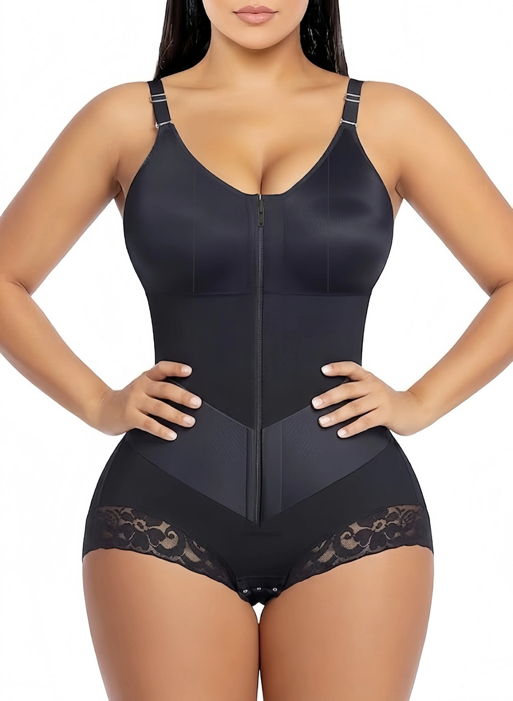 Colombian Moldeadoras Shaper Slimming Compression Garment Shapewear Bodysuit With A Front Zipper, V-Belt And Tummy Control