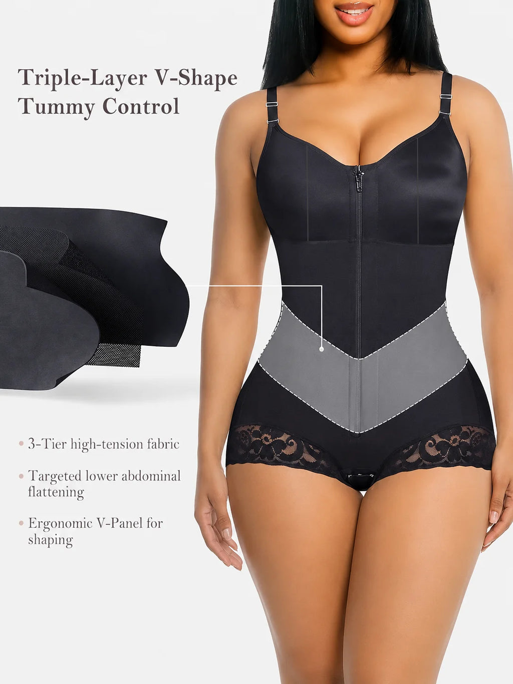 Colombian Moldeadoras Shaper Slimming Compression Garment Shapewear Bodysuit With A Front Zipper, V-Belt And Tummy Control