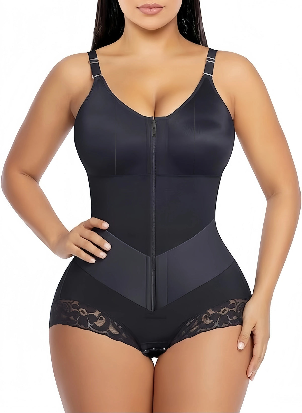 Colombian Moldeadoras Shaper Slimming Compression Garment Shapewear Bodysuit With A Front Zipper, V-Belt And Tummy Control
