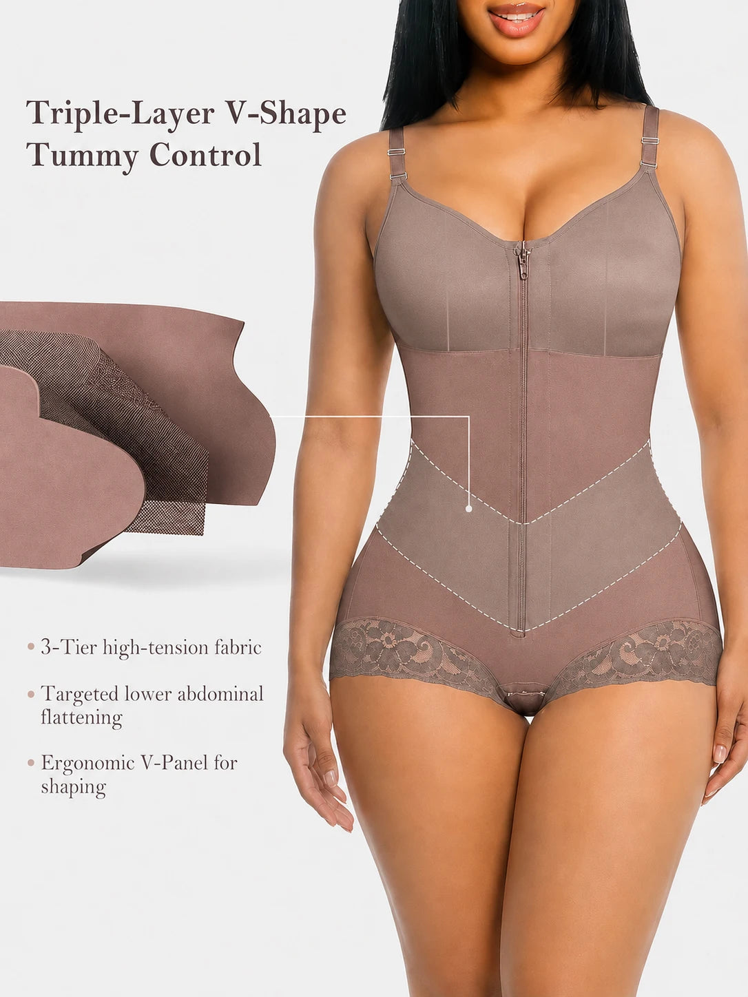 Colombian Moldeadoras Shaper Slimming Compression Garment Shapewear Bodysuit With A Front Zipper, V-Belt And Tummy Control