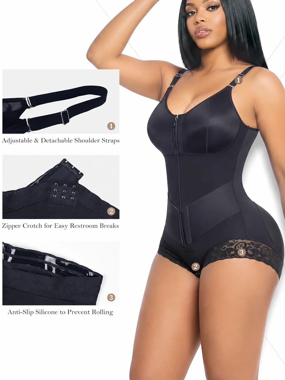 Colombian Moldeadoras Shaper Slimming Compression Garment Shapewear Bodysuit With A Front Zipper, V-Belt And Tummy Control